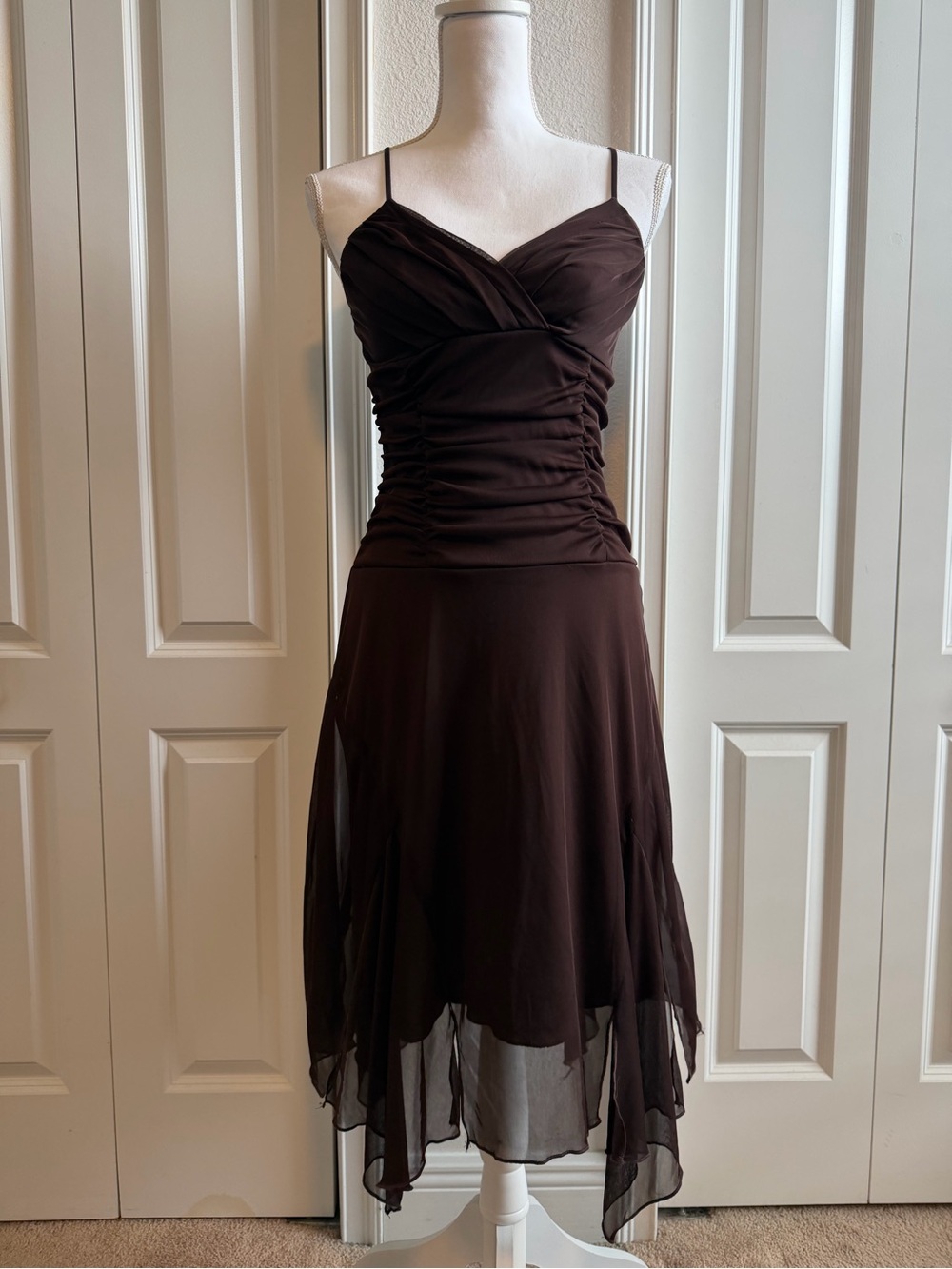 Studio Y Y2K Chocolate Brown Ruched Handkerchief Midi Dress Beaded Straps S